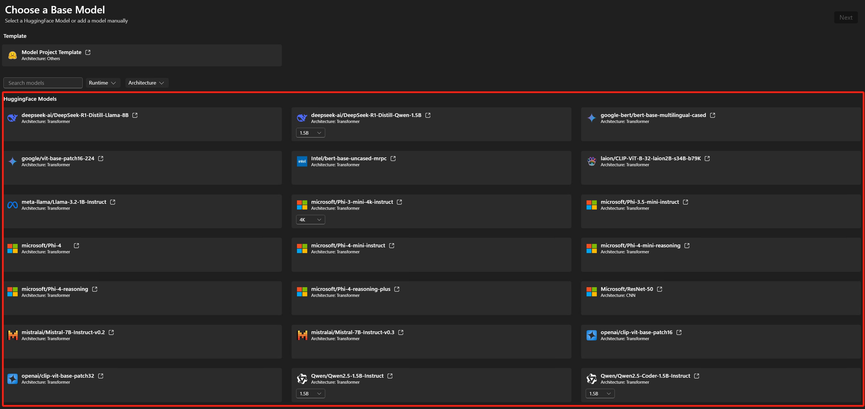 Screenshot that shows model list, such as bert, resnet, llama and so on.