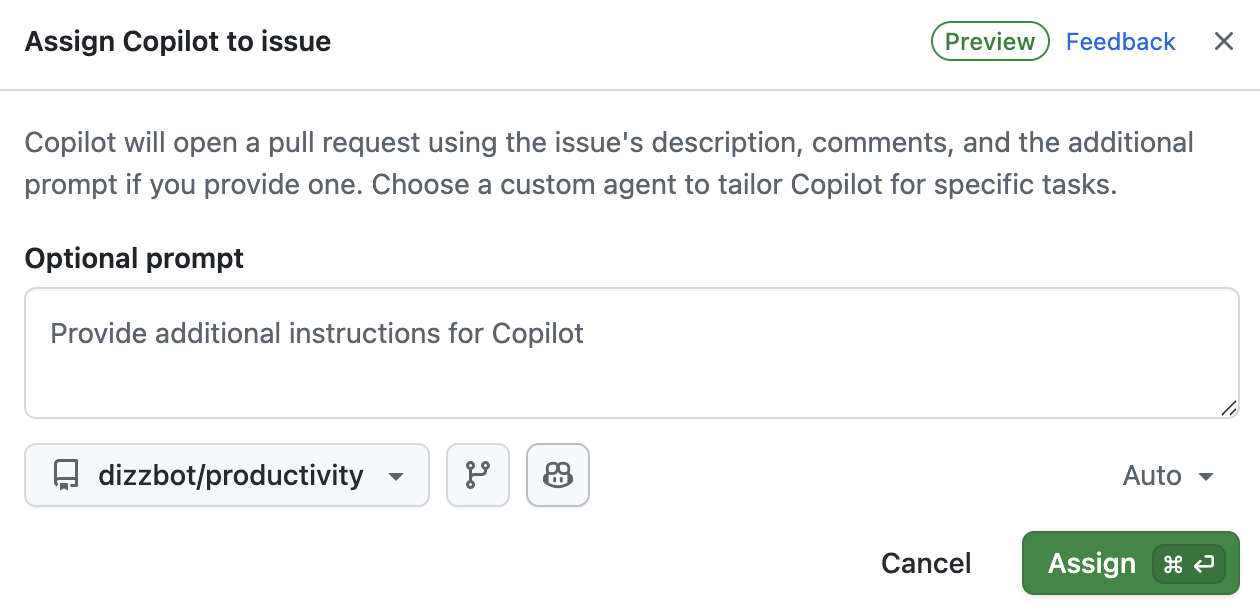 Capture d’écran de la boîte de dialogue « Affecter à Copilot », montrant les options du référentiel cible, de la branche de départ, assistant personnalisé, ainsi que des instructions supplémentaires.