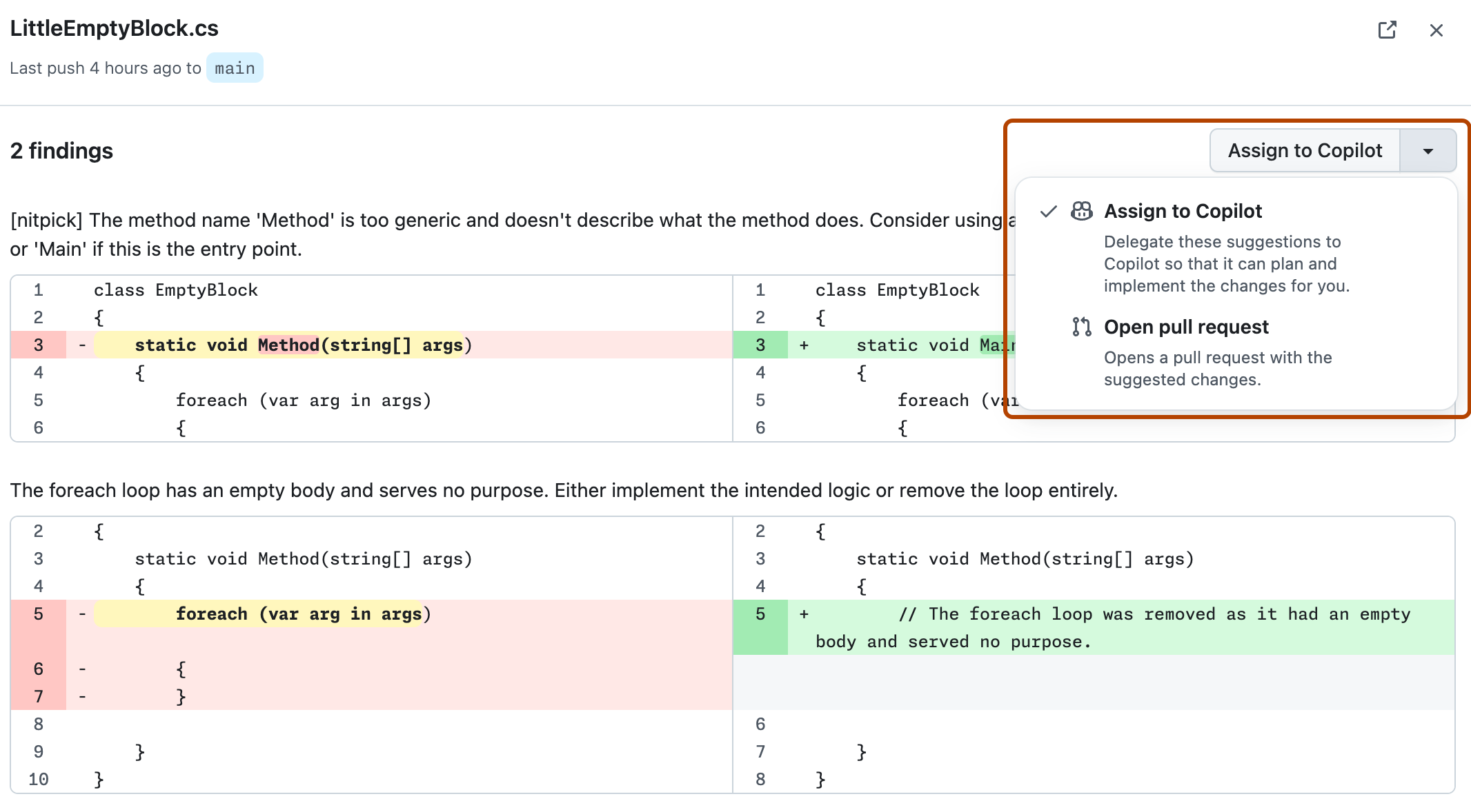 Capture d’écran de l'affichage « Résultats de l’IA
» pour l'évaluation de la qualité du code.