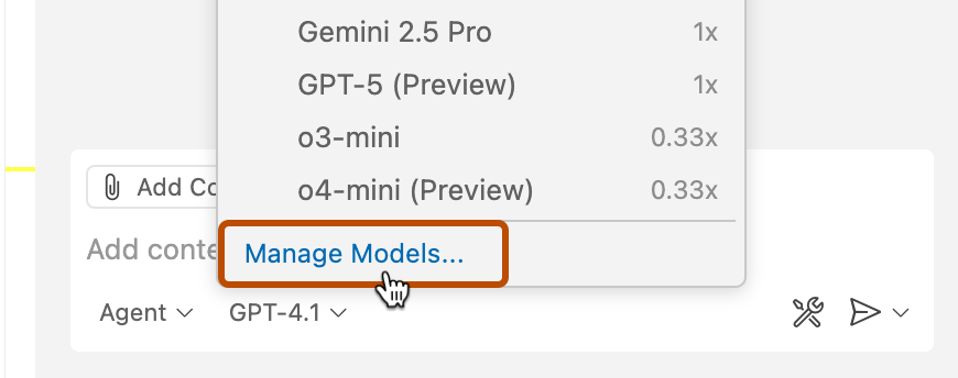 Capture d'écran de l'option « Manage Models », surlignée en orange foncé.