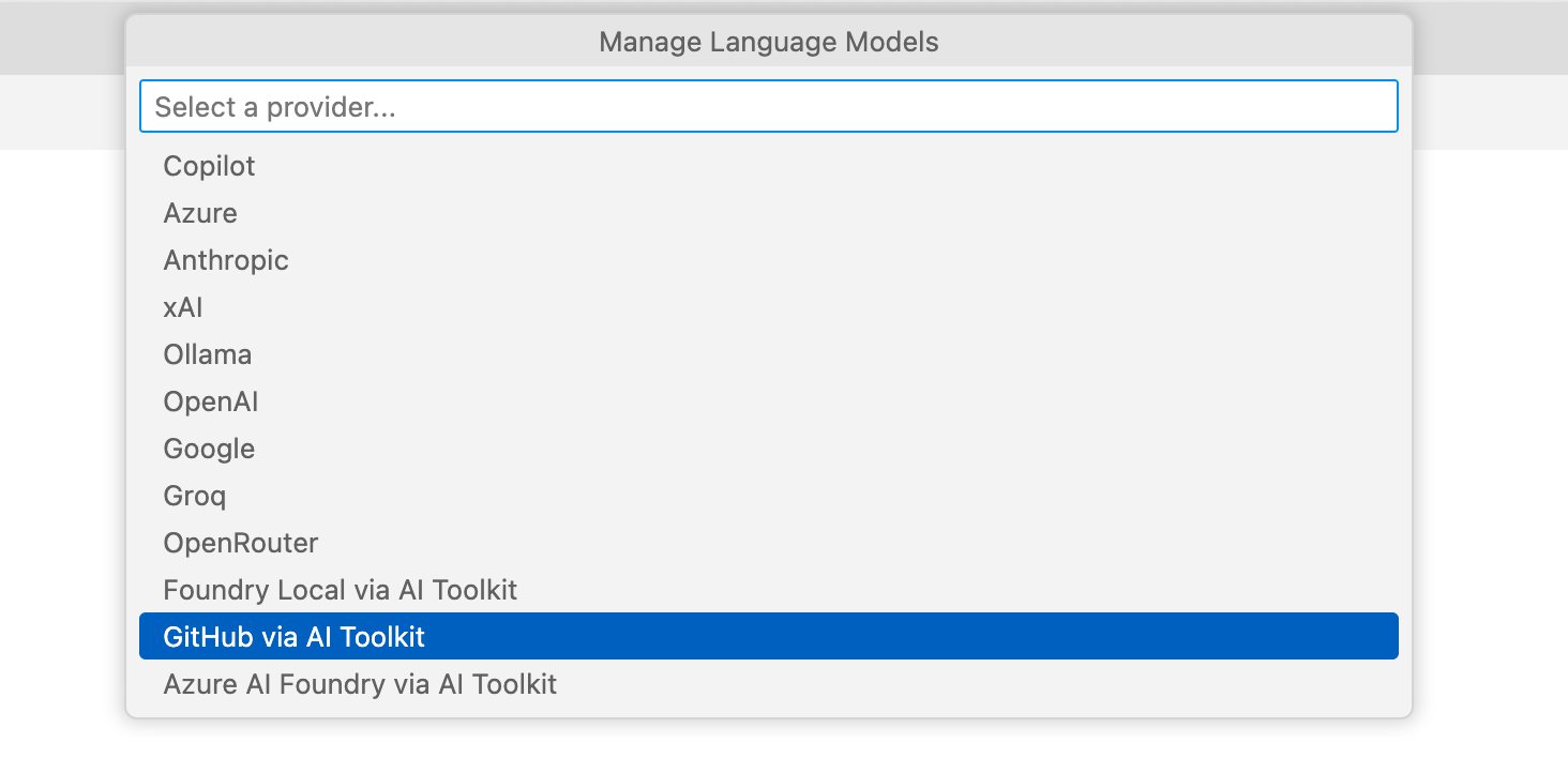 Capture d'écran de la liste « Manage Language Models ».