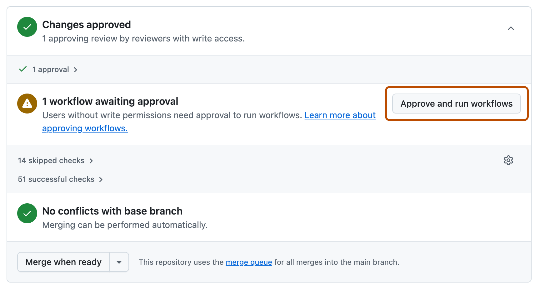 Capture d’écran de la zone de fusion sur une pull request provenant de Copilot, avec le bouton « Approve and run workflows ».