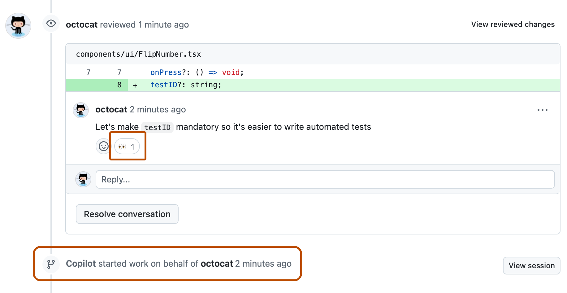 Capture d’écran d’une chronologie de pull request avec un commentaire de révision contenant la réaction des yeux et un événement de chronologie indiquant que « Copilot a commencé à travailler ».