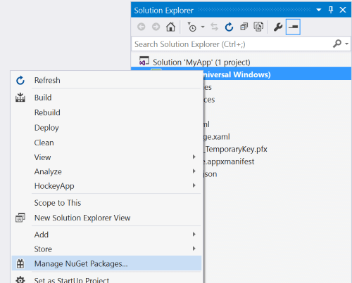 Right click on the solution and select 'Manage NuGet Packages...' Manage NuGet Packages...