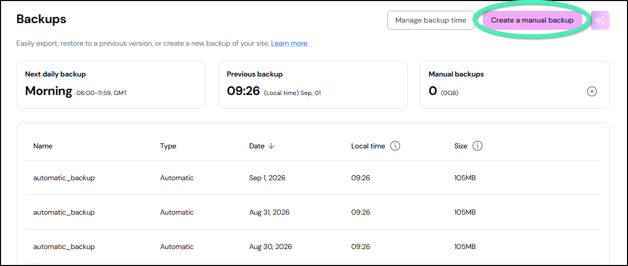My Elementor host dashboard displaying the Create Backup button highlighted
