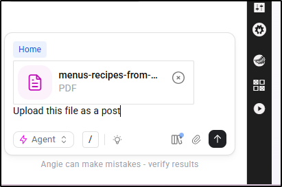 Angie prompt interface displaying an attached PDF file preview card with the typed command Upload this file as a post