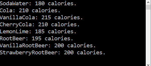 A screenshot of the Composite pattern sample project, showing all of the calorie entries for each flavor in the hierarchy.