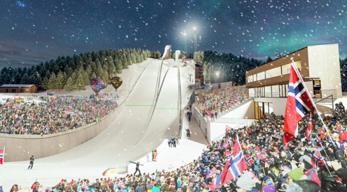 Illustrasjon av en hoppbakke med masse publikum rundt. VM på ski