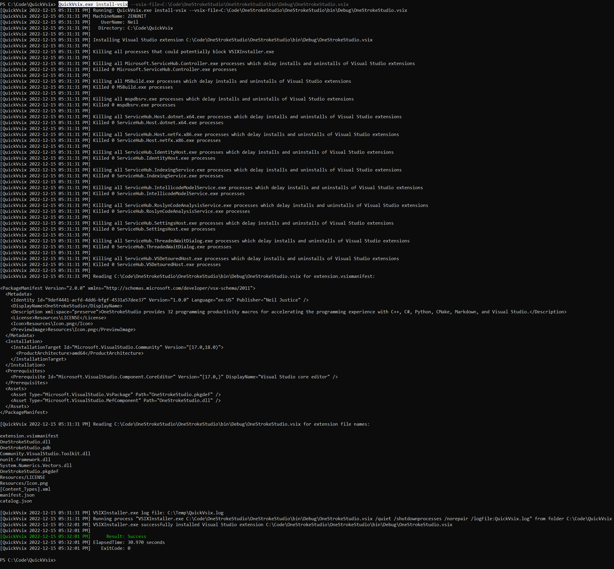 install-vsix console output