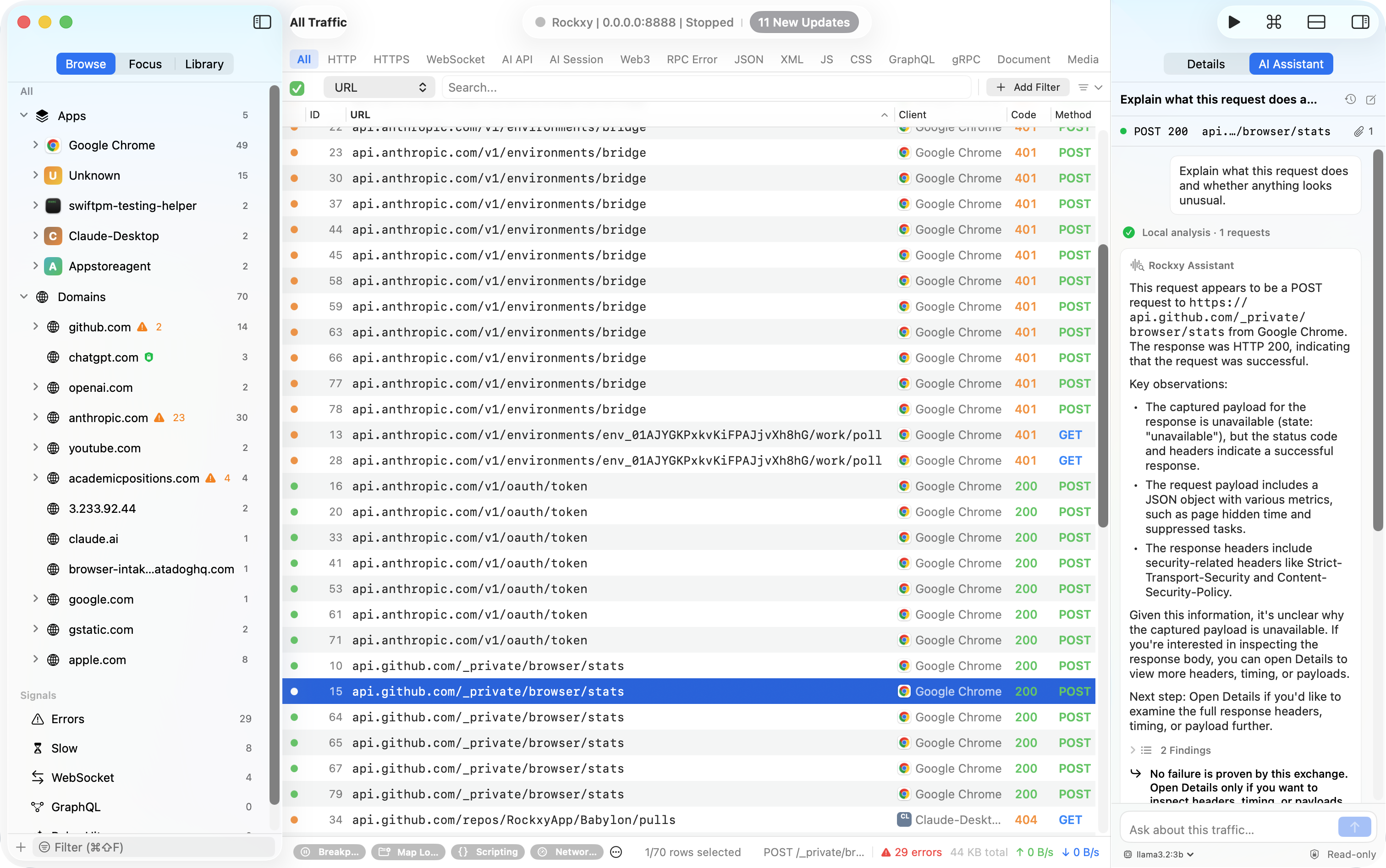 Rockxy AI Assistant explaining selected captured traffic beside the native request table and sidebar