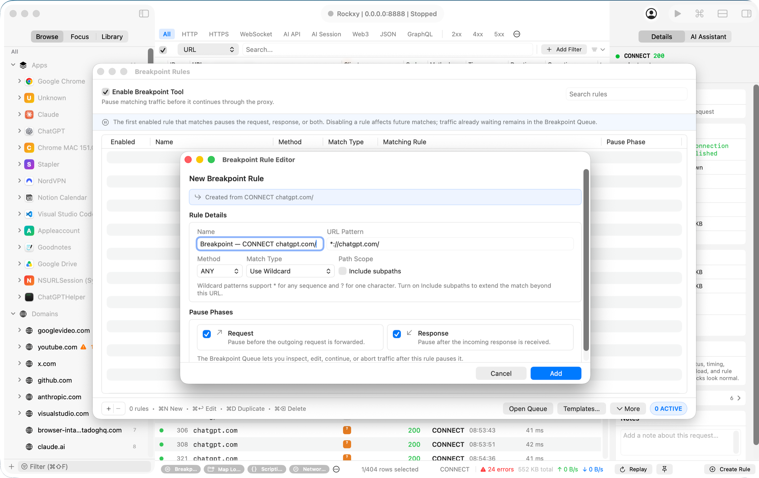 Rockxy breakpoints pausing a request to edit method, headers, body, or status mid-flight