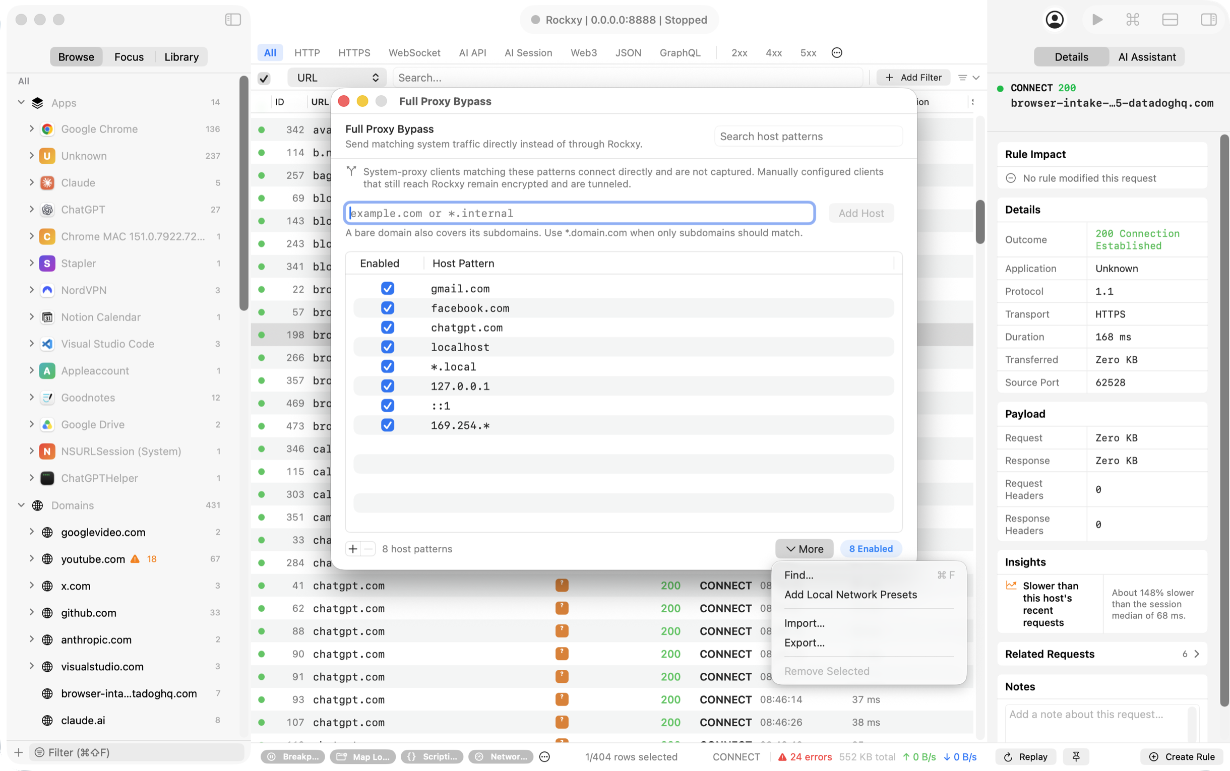 Rockxy bypass proxy list skipping cert-pinned apps and noisy telemetry hosts
