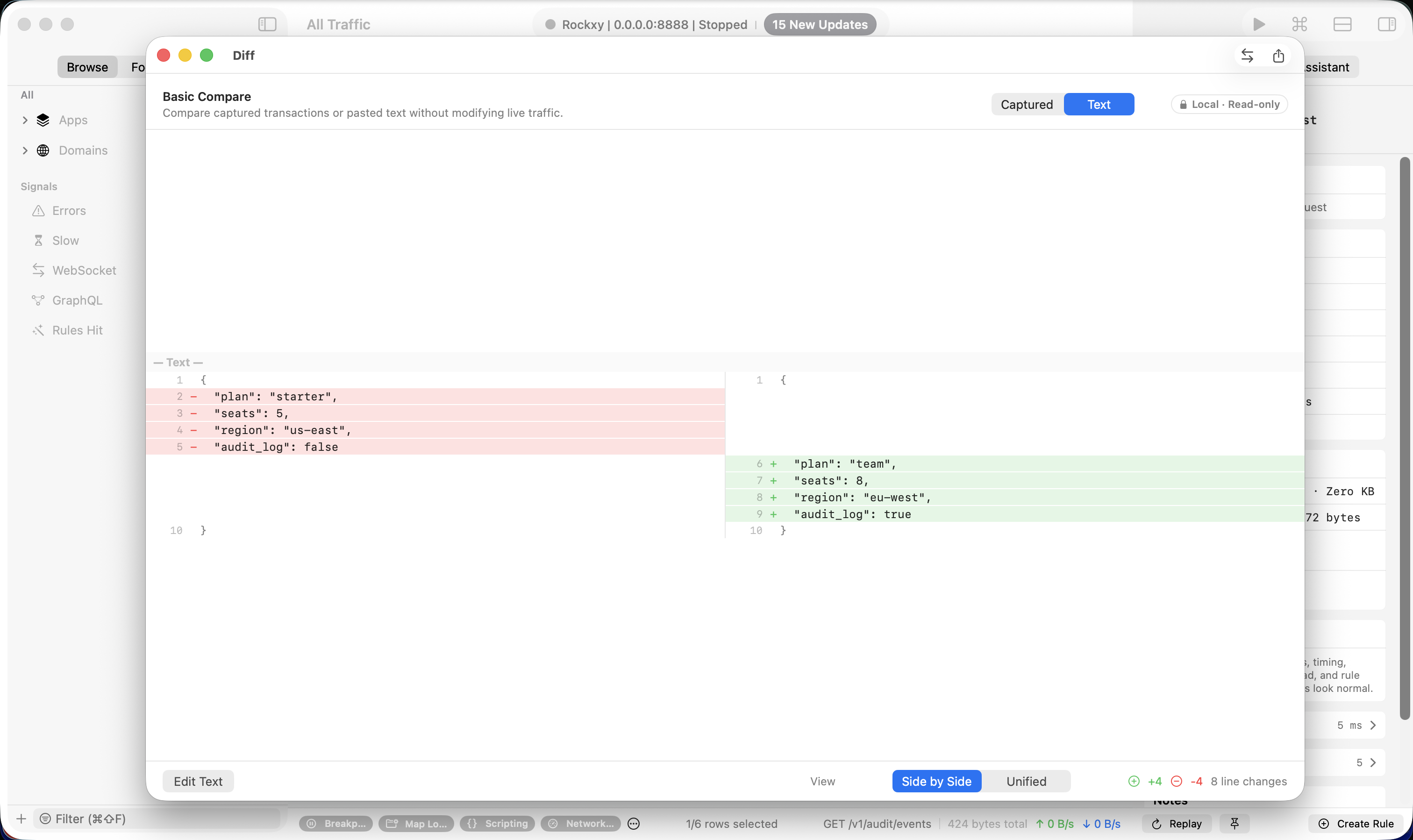 Rockxy comparing two synthetic JSON payloads side-by-side in the local read-only diff workspace