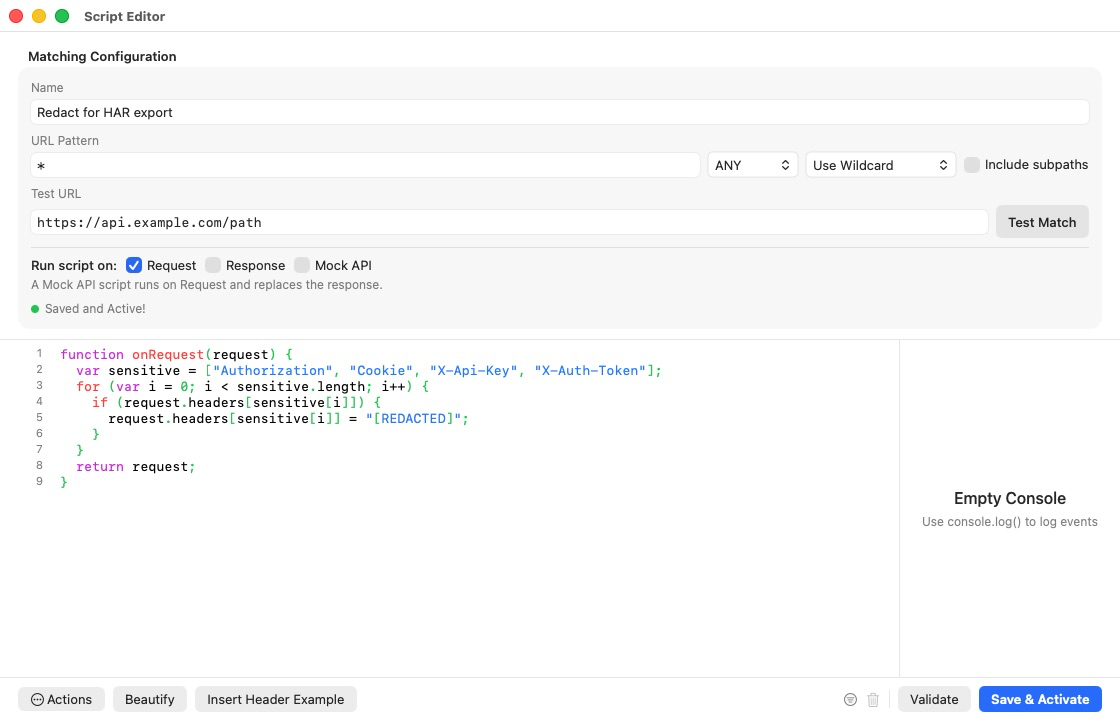 Rockxy JavaScript scripting with request and response hooks and inline error feedback