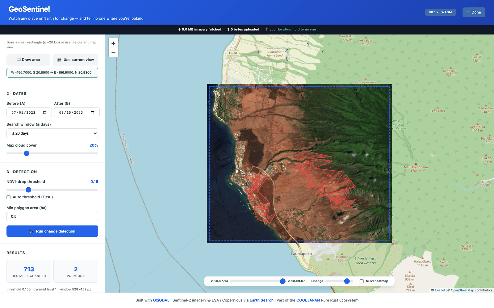OxiGeo GeoSentinel — Sentinel-2 change detection running entirely in the browser in Pure-Rust WebAssembly: NDVI-drop polygons over the Lahaina wildfire burn scar