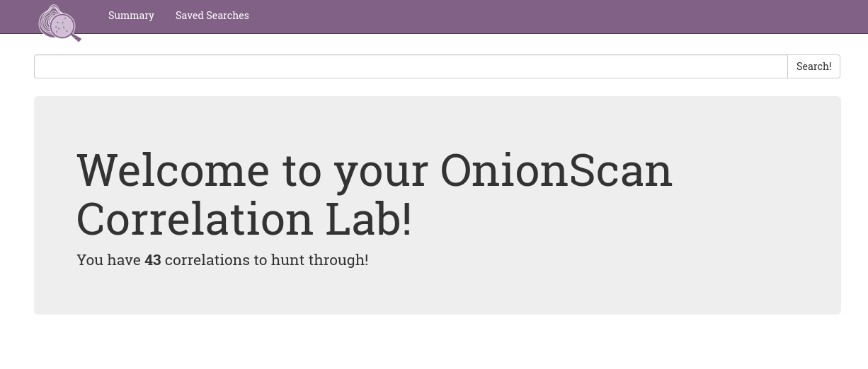 The main OnionScan Correlation Lab Screen