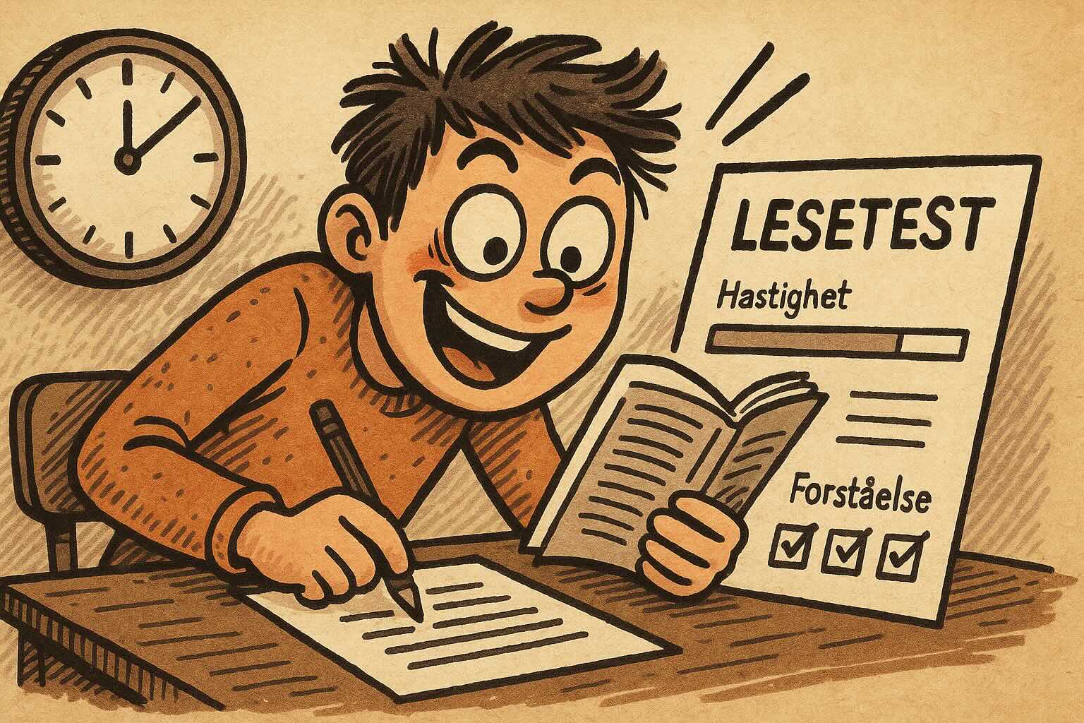 Gutt sitter og leser i en bok mens han skriver.