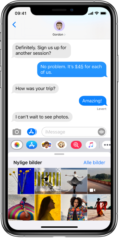 En Meldinger-samtale med Bilder-appen for iMessage nedenfor. Bilder-appen for iMessage viser, fra øverst til venstre, lenkene til Nylige bilder og Alle bilder. Nedenfor det er nylige bilder, og alle disse kan vises ved å sveipe mot venstre.