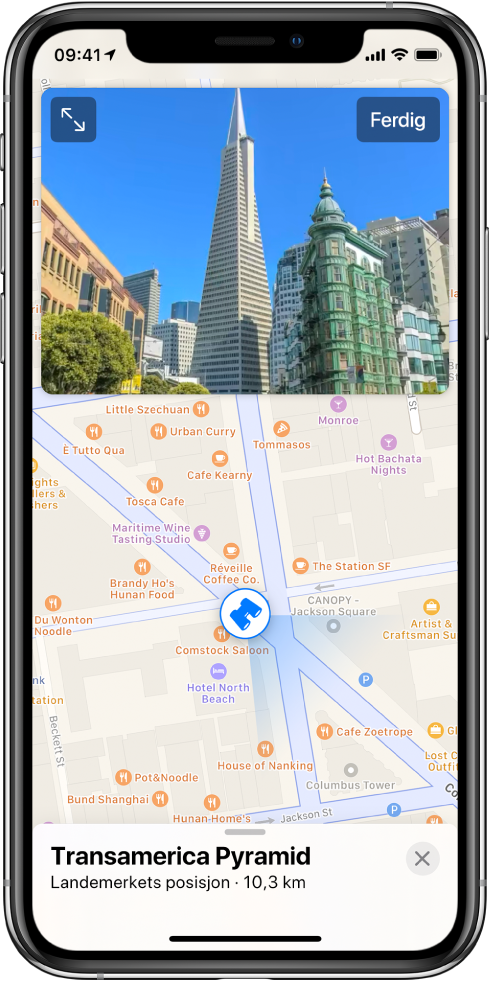 En visning av en gate som fører til Transamericapyramiden vises over et kart over området.