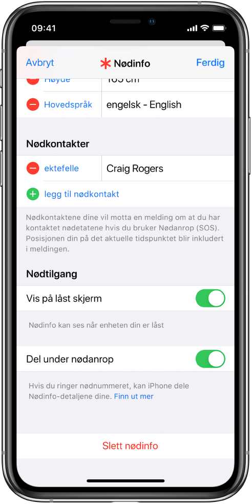 En Nødinfo-skjerm. Nederst er valget for å vise Nødinfo når iPhone-skjermen er låst og når du ringer nødetatene.