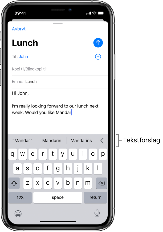 En Mail-melding som viser de første ordene i en ny melding, med forslag til fullføring av neste ord.