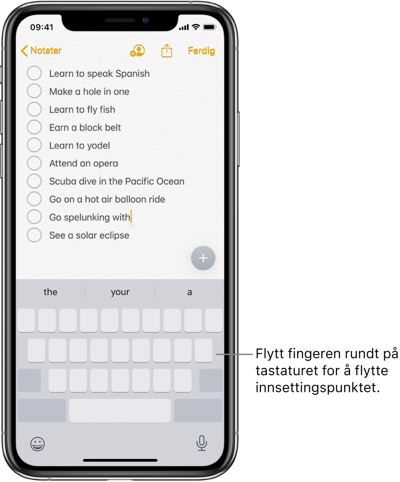 Et notat som redigeres etter at tastaturet er gjort om til en styreflate. Tastaturet er nedtonet for å vise at det nå også fungerer som en styreflate.