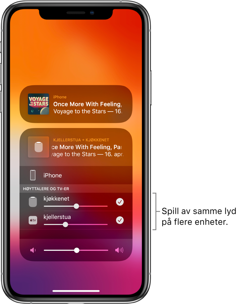 iPhone-skjermen som viser HomePod og Apple TV som valgte lydmål.