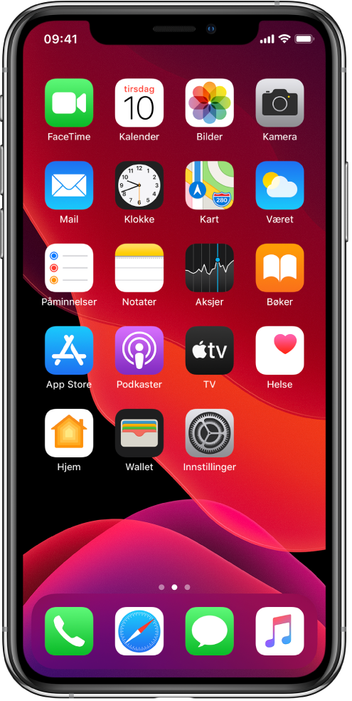 Hjem-skjermen på iPhone med Mørk modus slått på.