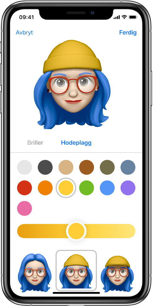 Skjermen for å opprette en Memoji, der figuren som opprettes, vises øverst med karaktertrekkene som kan tilpasses, under figuren. Valgene for det valgte karaktertrekket vises nederst. Ferdig-knappen er øverst til høyre, og Avbryt-knappen er øverst til venstre.