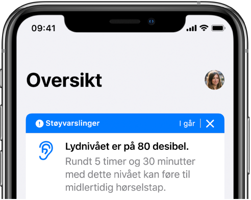 Oppsummering-skjermen viser et profilbilde øverst til høyre.