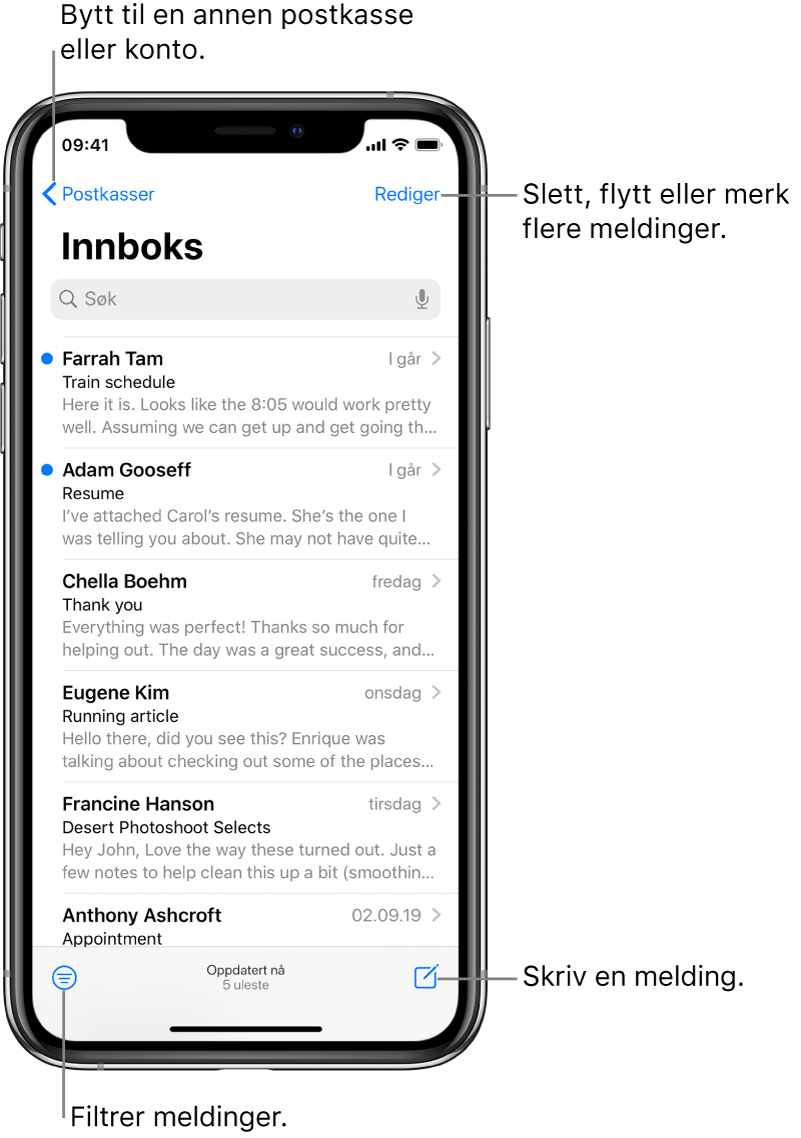 Innboksen, som viser en liste med e-poster. Postkasser-knappen for å bytte til en annen postkasse er øverst til venstre. Rediger-knappen for å slette, flytte eller merke e-poster øverst til høyre. Knappen for å filtrere e-poster slik at kun bestemte typer e-poster vises, er nederst til venstre. Knappen for å skrive en ny e-post er nederst til høyre.