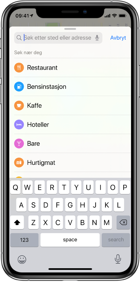 En liste som viser seks tjenester vises under søkefeltet. Tjenestene er Restauranter, Bensinstasjoner, Kaffe, Hoteller, Barer og Hurtigmat.