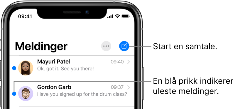 Meldinger-listen med Rediger-knappen øverst til venstre, og Skriv-knappen øverst til høyre. En blå prikk til venstre for meldingen indikerer at den er ulest.