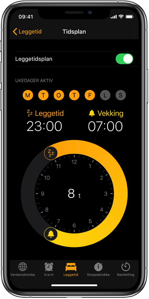 Leggetid-skjermen, der leggetiden vises som at den begynner klokken 23, og en vekketid er satt til klokken 7 om morgenen.