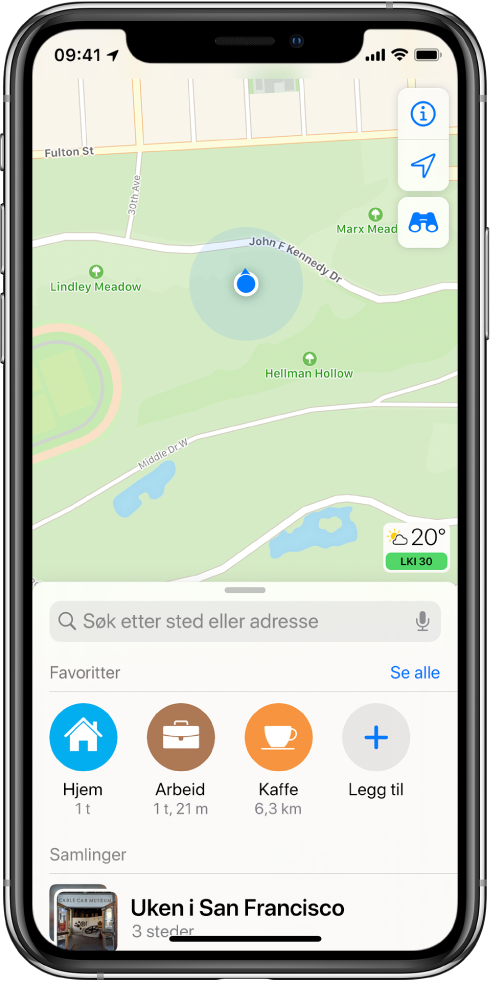 Et kart som viser gjeldende posisjon i en bypark.