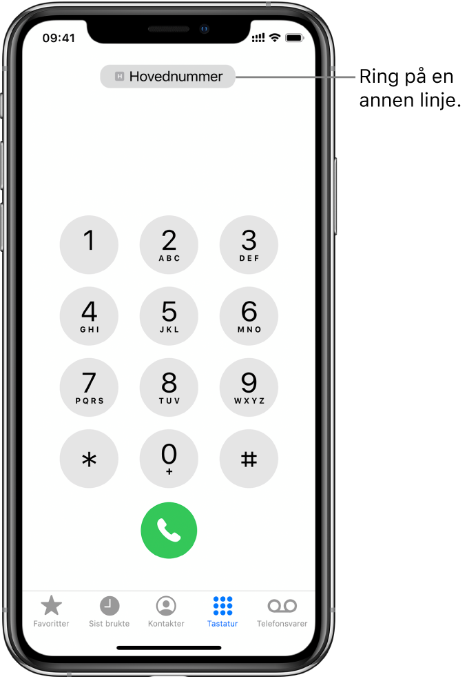 Telefontastaturet. Langs bunnen av skjermen er fanene, fra venstre mot høyre, Favoritter, Nylige, Kontakter, Tastatur og Telefonsvarer.
