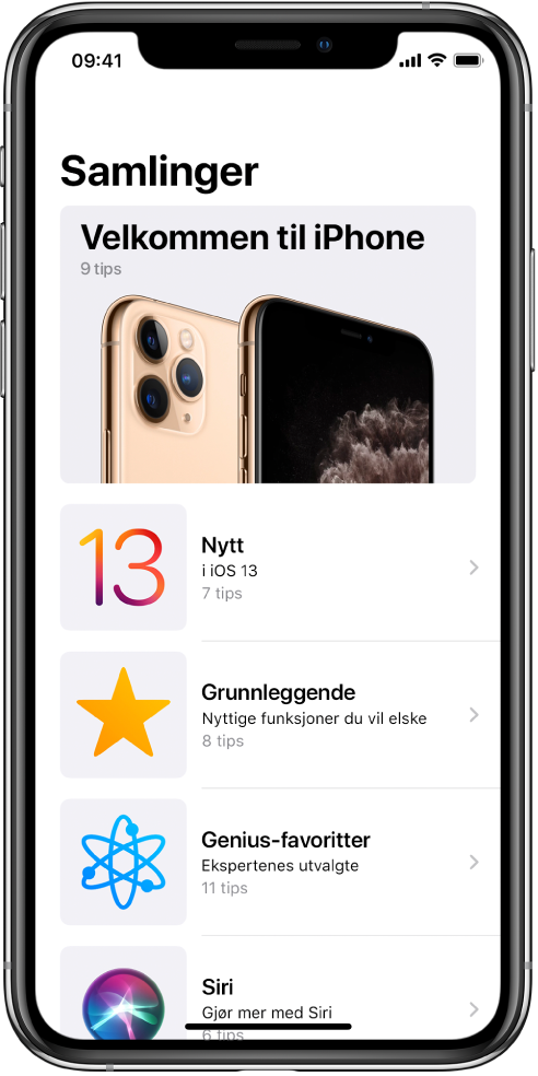 En skjerm som viser en samling med tips med høyrepiler som angir at du kan trykke på en samling for å vise tipsene i den.