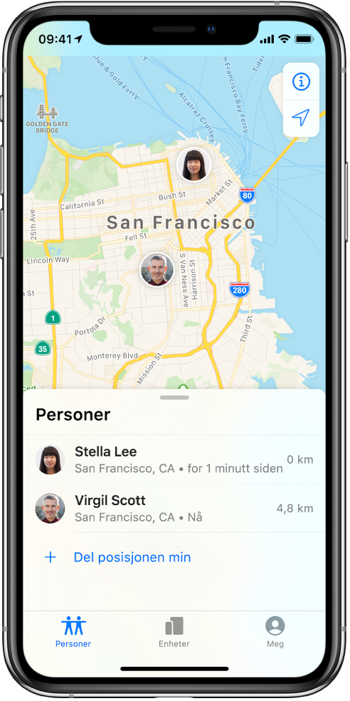 Det er to venner i Personer-listen: Stella Lee og Virgil Scott. Posisjonene deres vises på et kart over San Francisco.