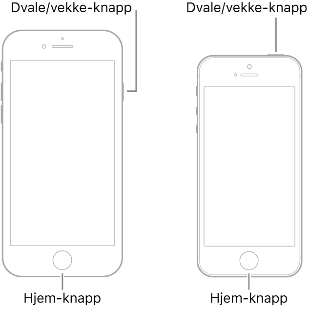 Illustrasjoner av to iPhone-modeller med skjermene vendt mot deg. Begge har Hjem-knapper nederst på enhetene. Modellen til venstre har en Dvale/vekke-knapp nesten øverst på høyre side av enheten, mens modellen til høyre har en Dvale/vekke-knapp til høyre på toppen av enheten.