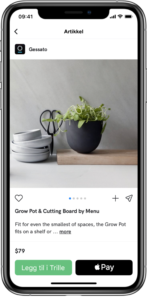 En app som viser en betalingsskjerm med Kjøp med Apple Pay-knappen.