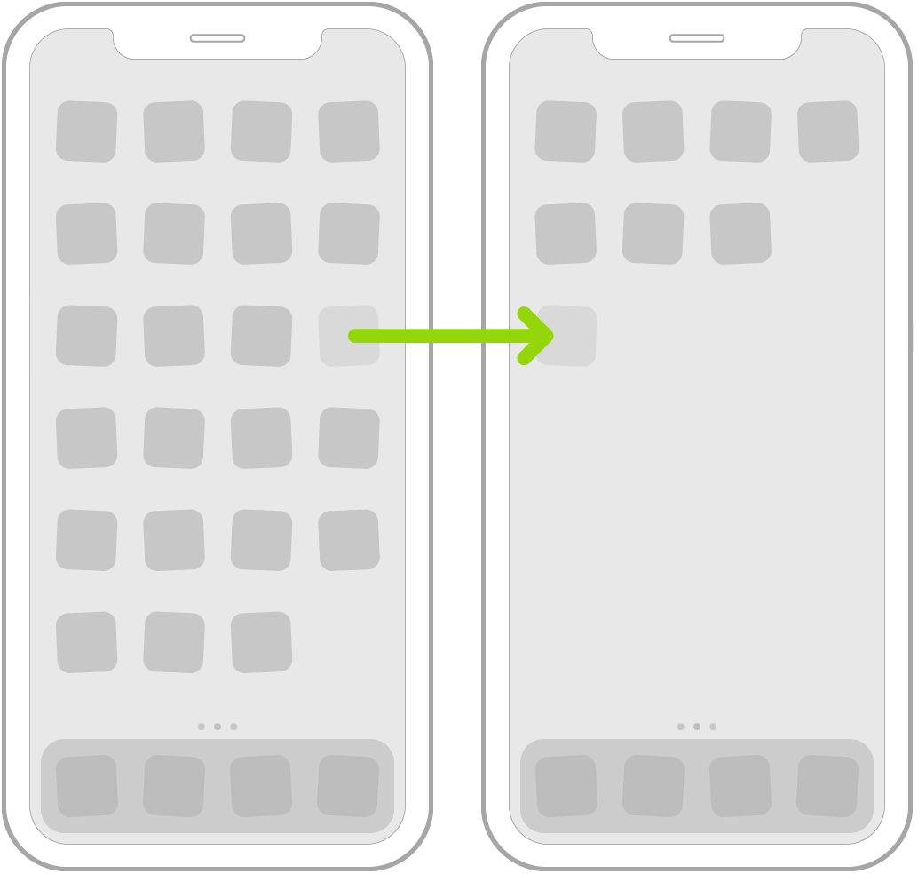 Skjelvende apper på Hjem-skjermen med en pil som viser en app som flyttes til neste side.
