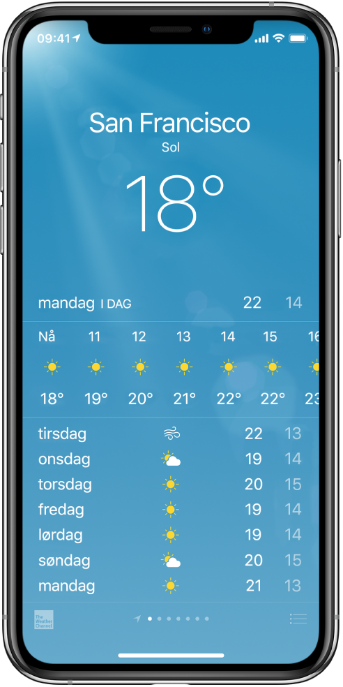 Vær-skjermen som viser by, gjeldende forhold og gjeldende temperatur. Nedenfor vises værvarselet time for time etterfulgt av femdagersvarselet. En rad med prikker nederst på midten viser antallet byer du har.