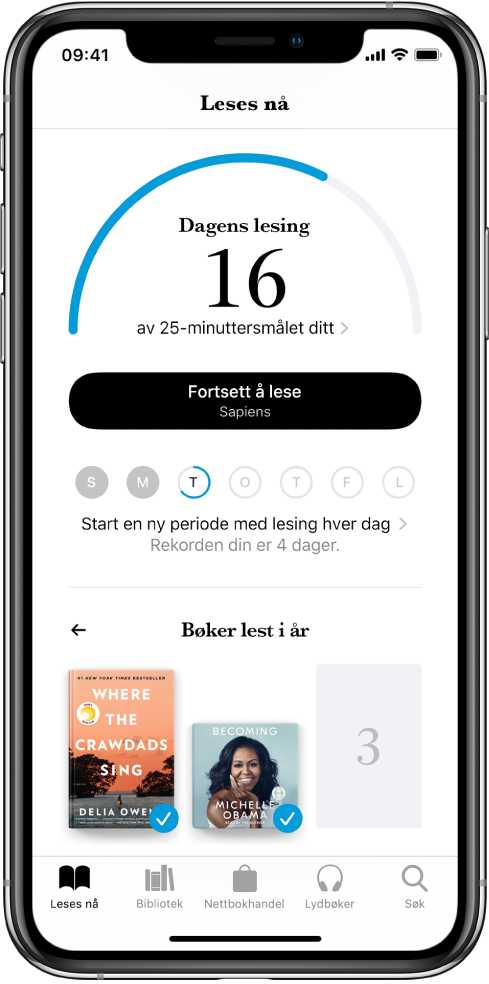 Lesemål-delen i Leses nå. Lesetelleren viser at 10 minutter av et 20-minutters mål er fullført. Under telleren er en Fortsett å lese-knapp og sirkler som viser ukedagene fra søndag til lørdag, og blå kantlinjer rundt sirkelen viser lesefremdriften for dagen. Nederst på siden er omslagene til Bøker lest i år.