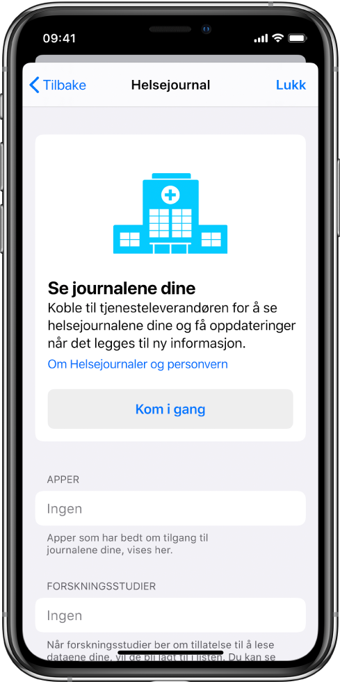 Kom i gang-skjermen for å konfigurere nedlastinger av helsejournaler.