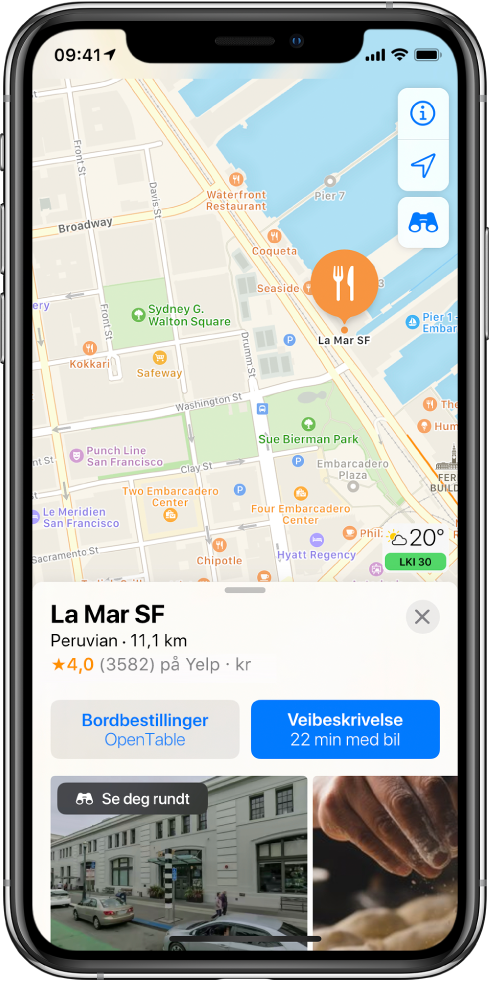Et kart som viser plasseringen til en restaurant. Informasjonskortet nederst på skjermen inkluderer knapper for å lage reservasjoner og få veibeskrivelser.
