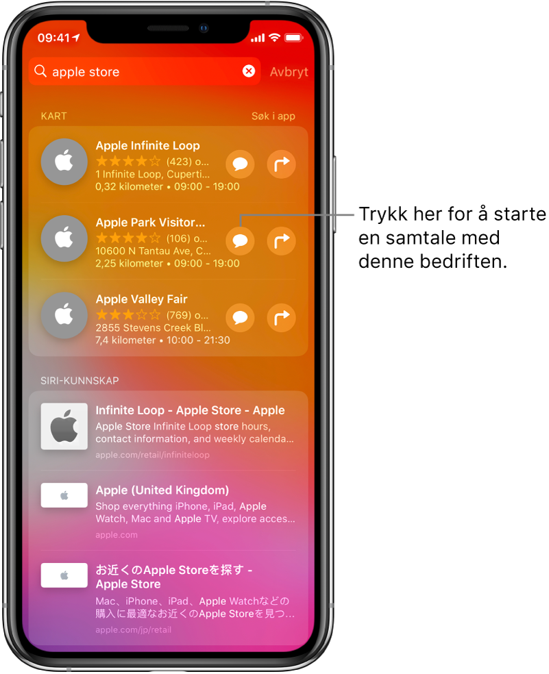 Søkeskjermen viser objekter funnet for Apple Store i App Store, Kart og nettsteder. Hvert objekt vises med en kort beskrivelse, vurdering eller adresse, og hvert nettsted vises med en URL. Det første objektet viser en knapp som kan brukes til å starte en Spør bedriften-samtale med Apple Store.