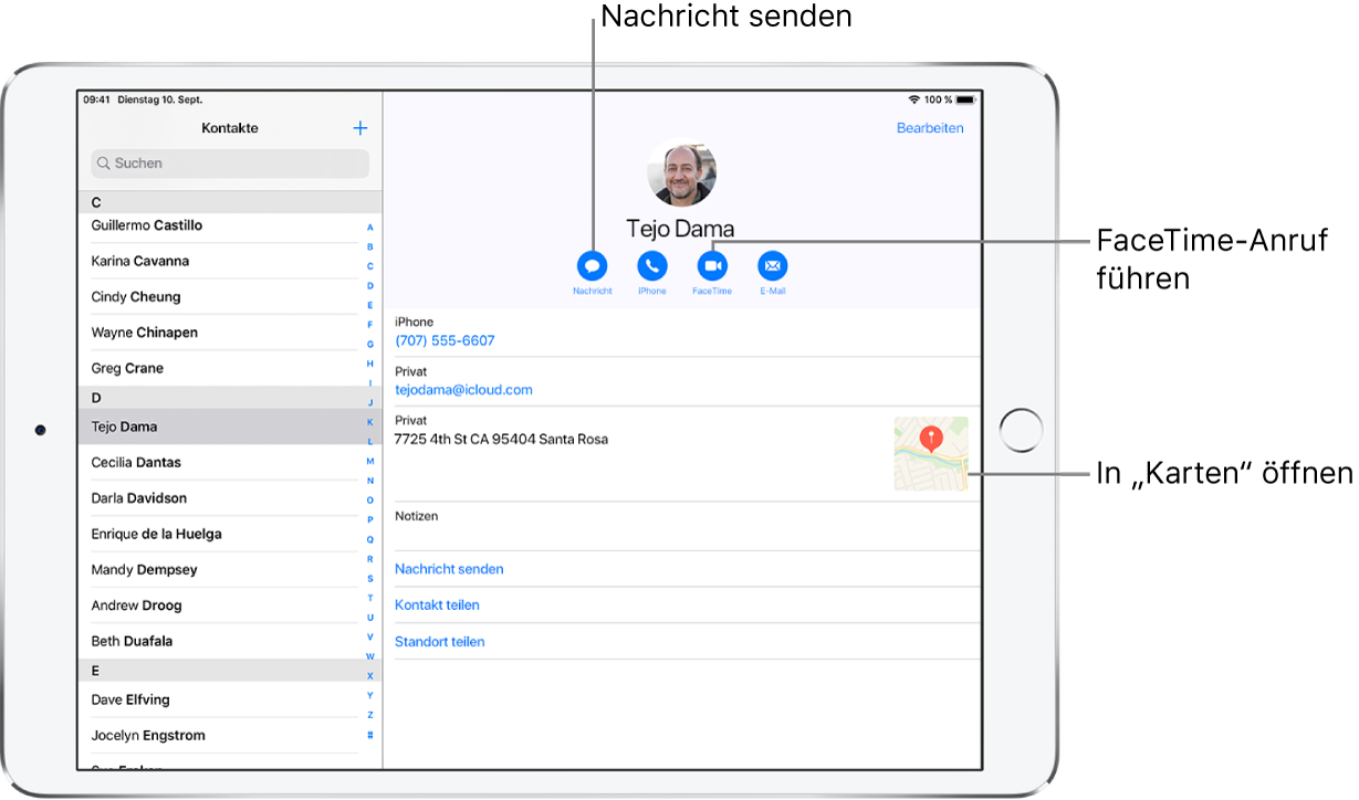 Der Bildschirm „Kontakte“ mit der Kontaktliste auf der linken Seite und der ausgewählten Kontaktkarte auf der rechten Seite. Unter dem Foto und dem Namen des Kontakts befinden sich die Tasten zum Senden einer Nachricht, zum Tätigen eines Telefon- oder FaceTime-Anrufs sowie zum Senden einer E-Mail-Nachricht und von Geldbeträgen mit Apple Pay. Unter den Tasten sind die Informationen des Kontakts zu sehen.