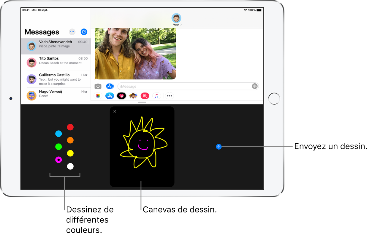Une fenêtre Messages avec l’écran Digital Touch en bas. Les options de couleurs sont à gauche, le canevas de dessin est au centre et le bouton Envoyer est à droite.