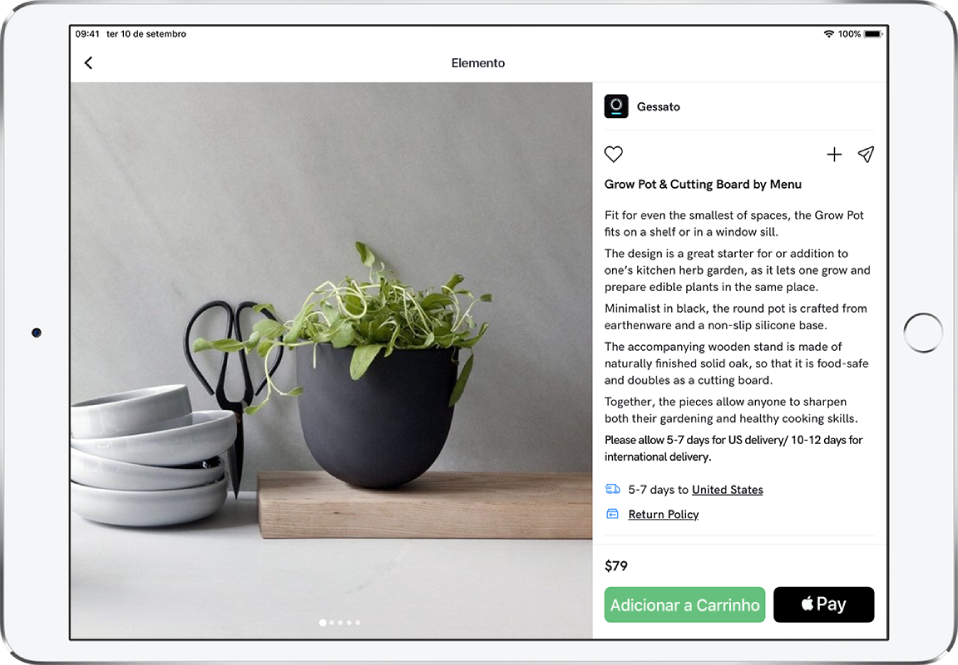 Uma aplicação a mostrar uma página de produto com o botão “Comprar com Apple Pay”.