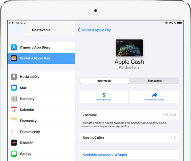 Obrazovka s podrobnosťami o karte Apple Cash so zostatkom v pravom hornom rohu.